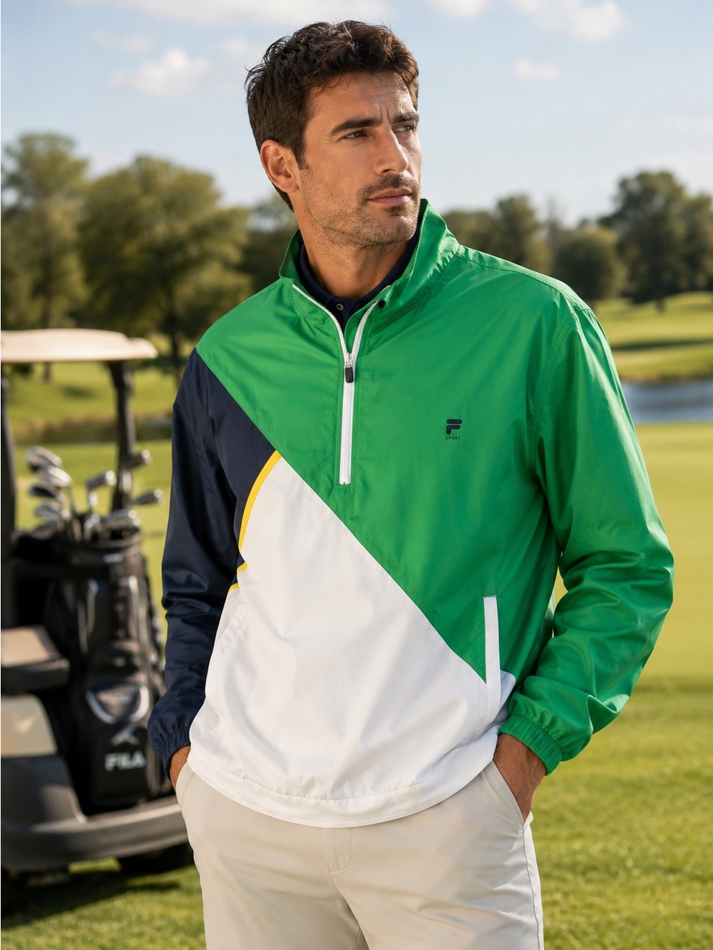 Fila Sport Golf Mens Medium Green Navy Colorblock Quarter Zip Windbreaker Jacket